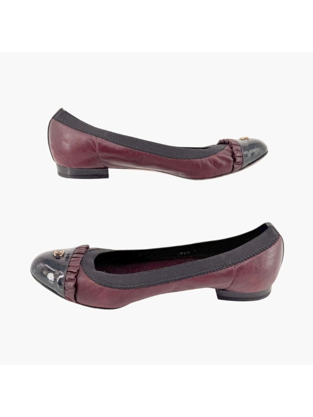 Chanel CC Ruffle Cap Toe Ballet Flats EU 37 US 6-6.5 Brown Burgundy Leather - Picture 10 of 15